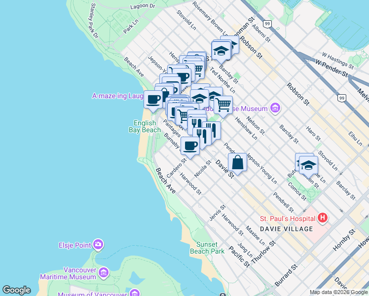 map of restaurants, bars, coffee shops, grocery stores, and more near in Vancouver