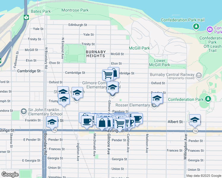 map of restaurants, bars, coffee shops, grocery stores, and more near 4120 Oxford Street in Burnaby