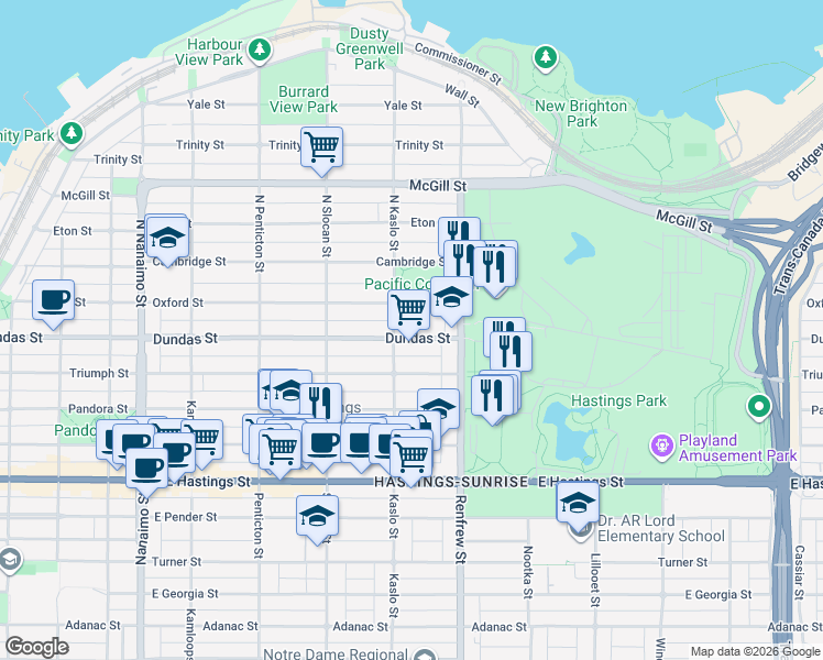 map of restaurants, bars, coffee shops, grocery stores, and more near in Vancouver