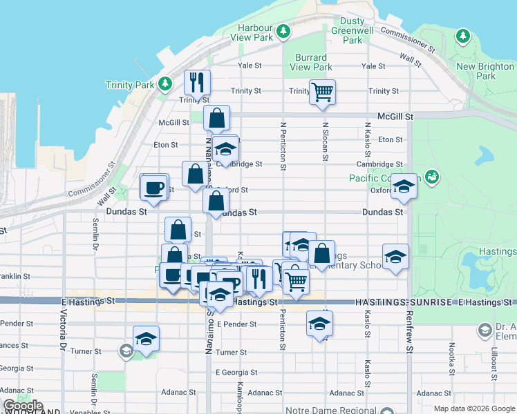 map of restaurants, bars, coffee shops, grocery stores, and more near in Vancouver