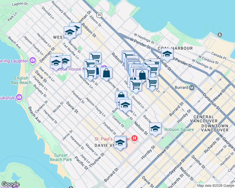 map of restaurants, bars, coffee shops, grocery stores, and more near 1274 Barclay Street in Vancouver