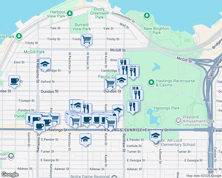 map of restaurants, bars, coffee shops, grocery stores, and more near 2827 Dundas Street in Vancouver