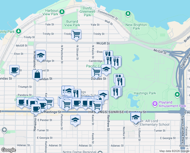 map of restaurants, bars, coffee shops, grocery stores, and more near 16 North Kaslo Street in Vancouver