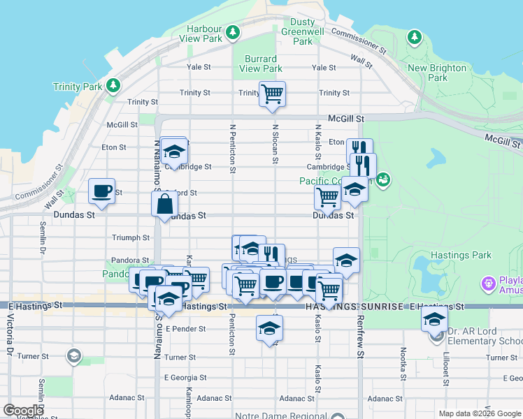map of restaurants, bars, coffee shops, grocery stores, and more near 2675 Dundas Street in Vancouver