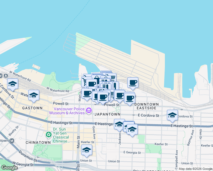 map of restaurants, bars, coffee shops, grocery stores, and more near 395 Railway Street in Vancouver