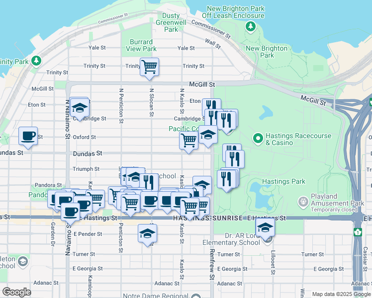 map of restaurants, bars, coffee shops, grocery stores, and more near 16 North Kaslo Street in Vancouver