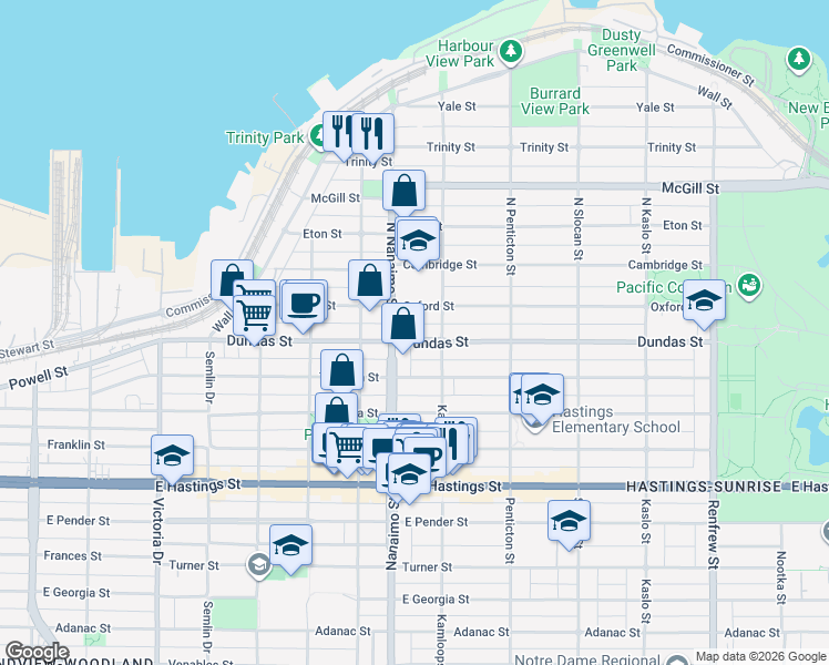 map of restaurants, bars, coffee shops, grocery stores, and more near 2427 Dundas Street in Vancouver