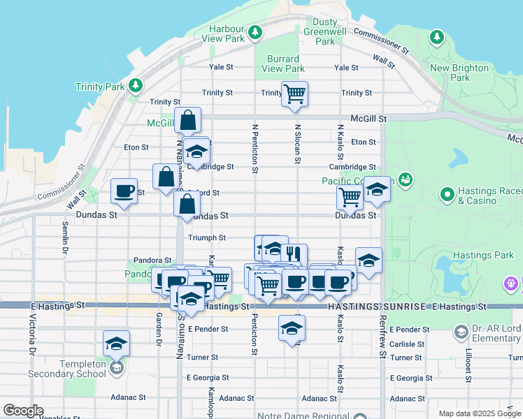 map of restaurants, bars, coffee shops, grocery stores, and more near 2607 Dundas Street in Vancouver
