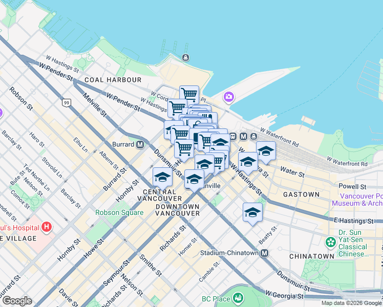 map of restaurants, bars, coffee shops, grocery stores, and more near 445 Howe Street in Vancouver