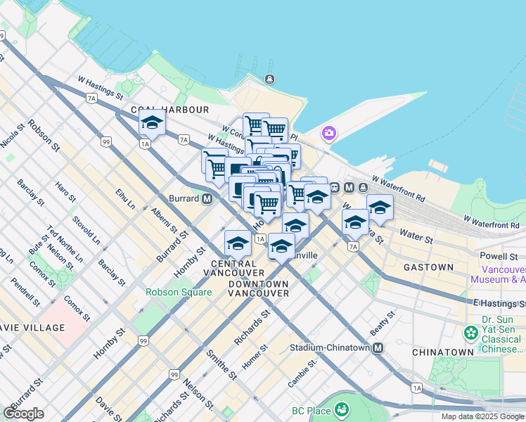 map of restaurants, bars, coffee shops, grocery stores, and more near 800 West Pender Street in Vancouver