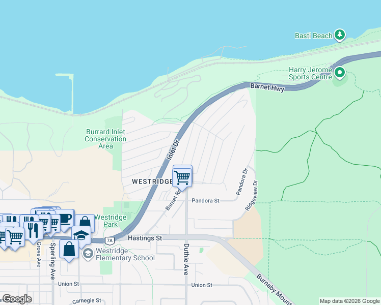 map of restaurants, bars, coffee shops, grocery stores, and more near 7247 Barnet Road in Burnaby