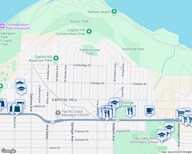 map of restaurants, bars, coffee shops, grocery stores, and more near 35 North Howard Avenue in Burnaby