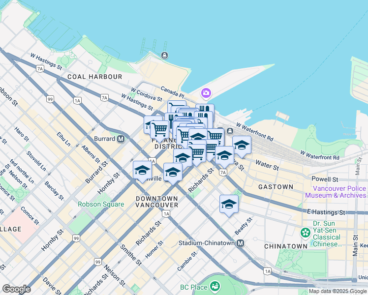 map of restaurants, bars, coffee shops, grocery stores, and more near in Vancouver