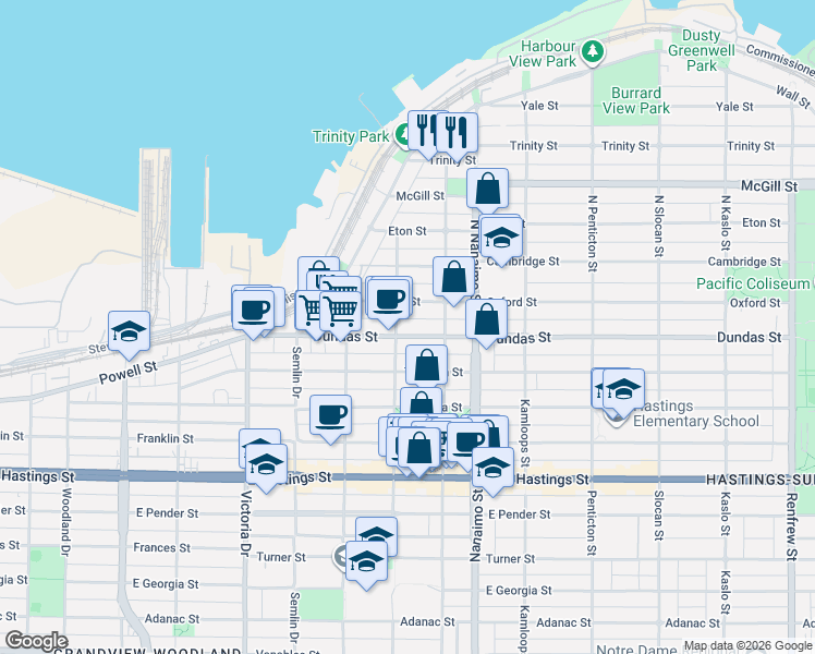 map of restaurants, bars, coffee shops, grocery stores, and more near 2215 Dundas Street in Vancouver