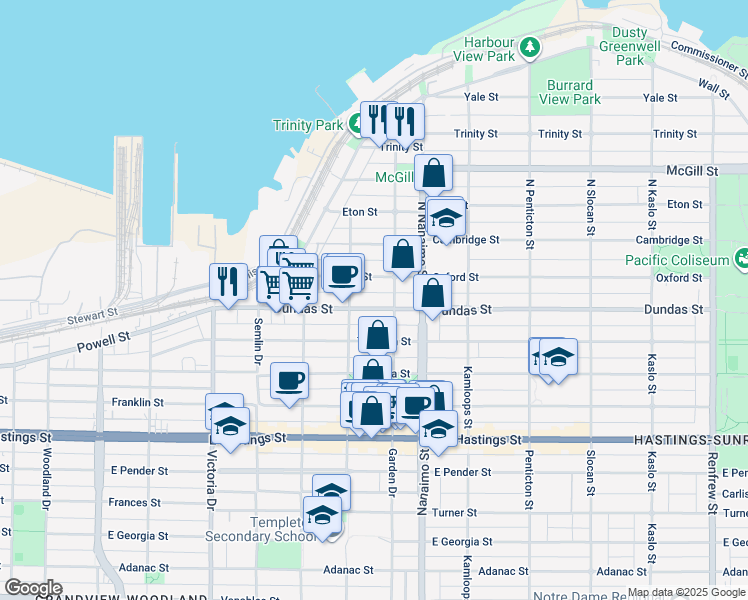 map of restaurants, bars, coffee shops, grocery stores, and more near 2245 Dundas Street in Vancouver