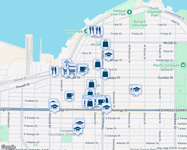 map of restaurants, bars, coffee shops, grocery stores, and more near 3 North Garden Drive in Vancouver