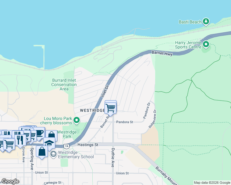map of restaurants, bars, coffee shops, grocery stores, and more near 7264 British Columbia 7A in Burnaby