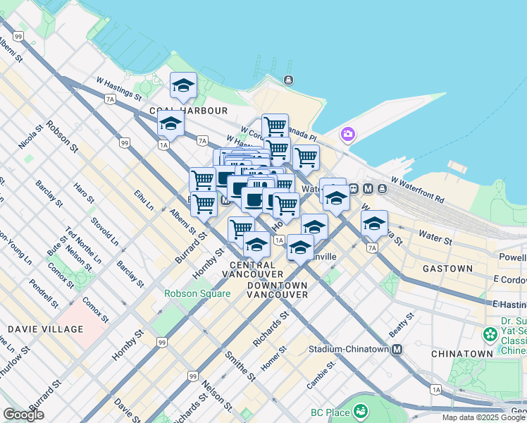 map of restaurants, bars, coffee shops, grocery stores, and more near 580 Hornby Street in Vancouver