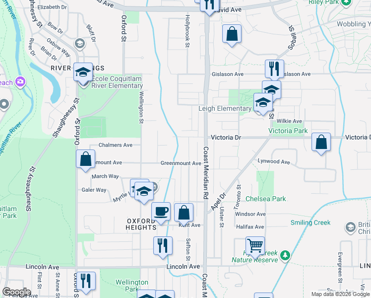 map of restaurants, bars, coffee shops, grocery stores, and more near 4067 Sefton Street in Port Coquitlam