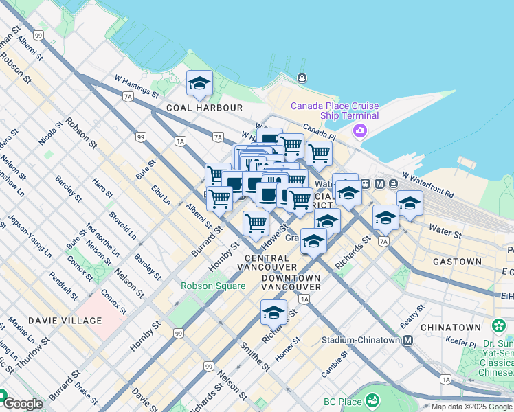 map of restaurants, bars, coffee shops, grocery stores, and more near 880 - 580 Hornby Street in Vancouver