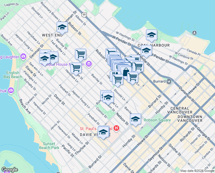map of restaurants, bars, coffee shops, grocery stores, and more near 1225 Barclay Street in Vancouver