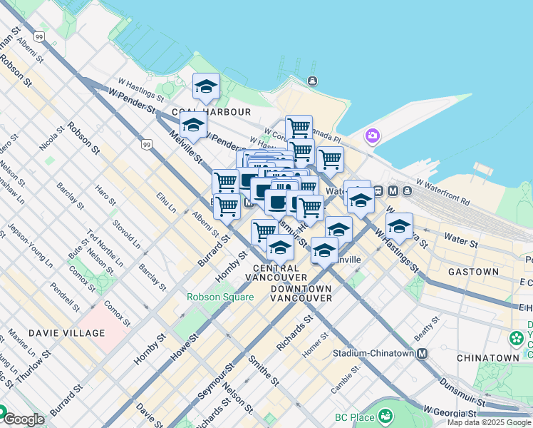 map of restaurants, bars, coffee shops, grocery stores, and more near 666 Burrard Street in Vancouver