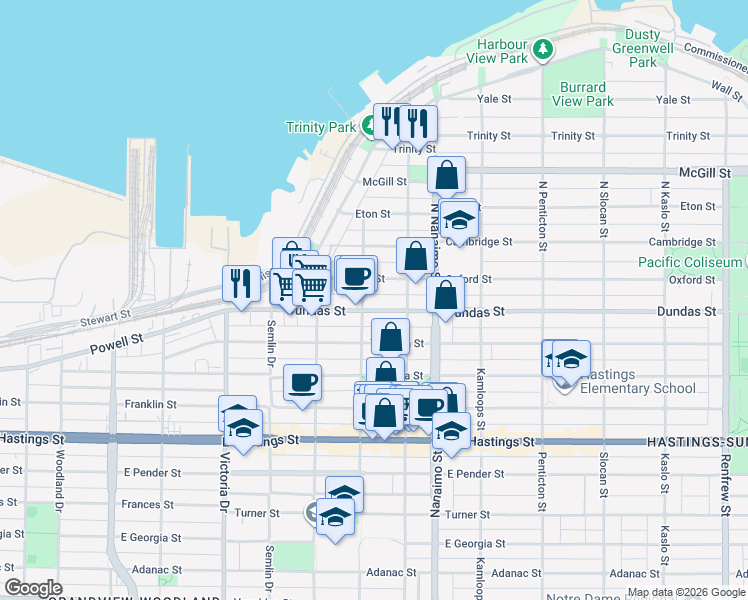 map of restaurants, bars, coffee shops, grocery stores, and more near in Vancouver