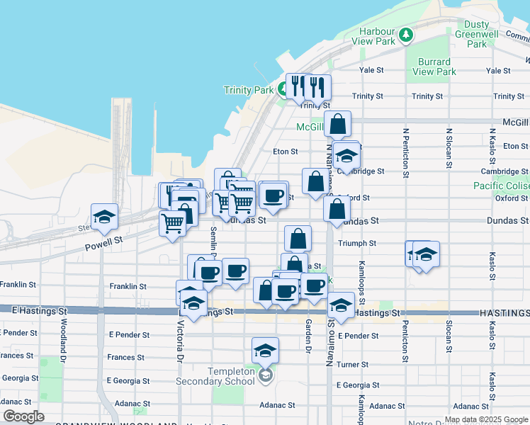 map of restaurants, bars, coffee shops, grocery stores, and more near in Vancouver