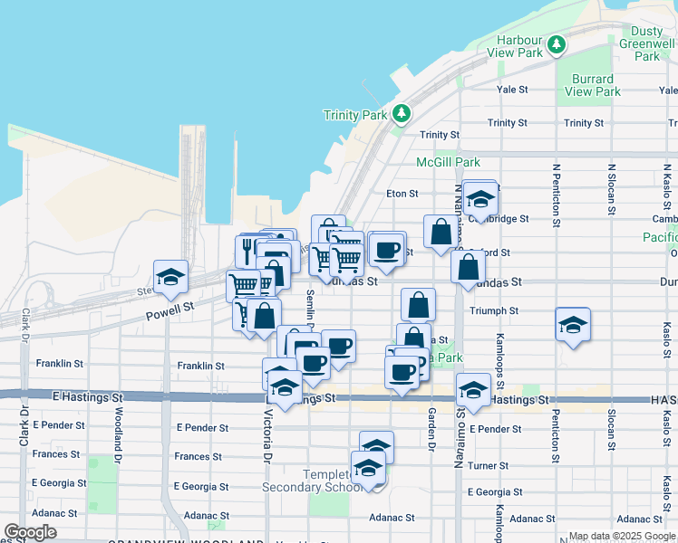 map of restaurants, bars, coffee shops, grocery stores, and more near in Vancouver