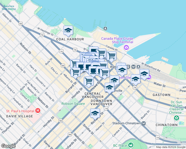 map of restaurants, bars, coffee shops, grocery stores, and more near 603 Hornby Street in Vancouver