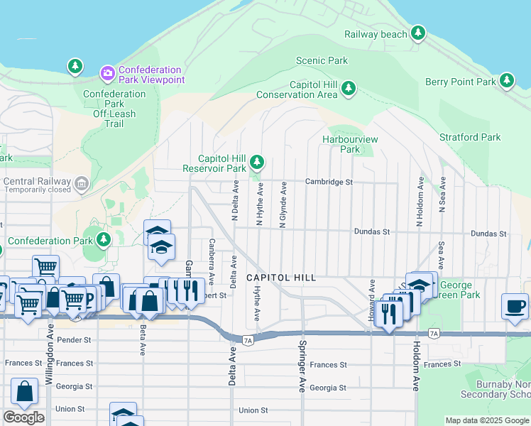map of restaurants, bars, coffee shops, grocery stores, and more near 34 North Hythe Avenue in Burnaby