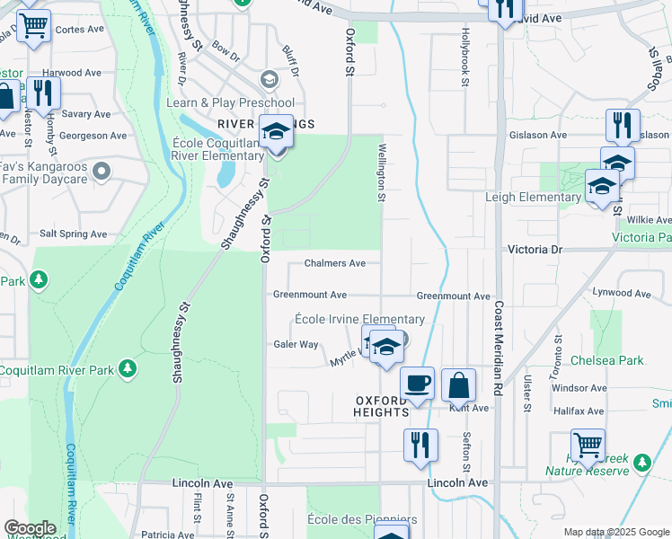 map of restaurants, bars, coffee shops, grocery stores, and more near 1776 Chalmers Avenue in Port Coquitlam