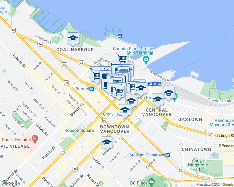 map of restaurants, bars, coffee shops, grocery stores, and more near 535 Howe Street in Vancouver