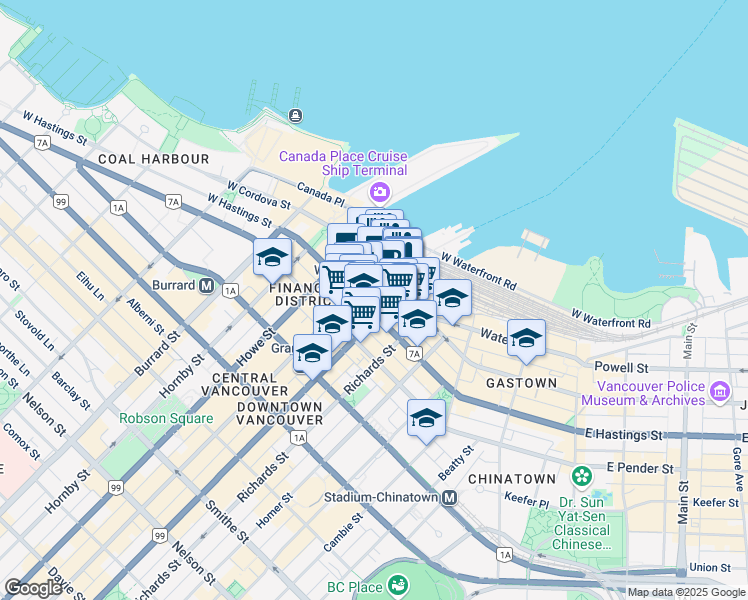 map of restaurants, bars, coffee shops, grocery stores, and more near 601 West Cordova Street in Vancouver