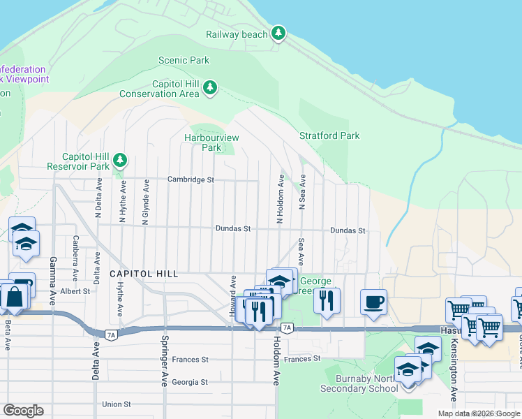 map of restaurants, bars, coffee shops, grocery stores, and more near 74 North Ellesmere Avenue in Burnaby