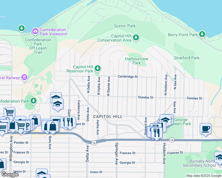 map of restaurants, bars, coffee shops, grocery stores, and more near 38 North Glynde Avenue in Burnaby