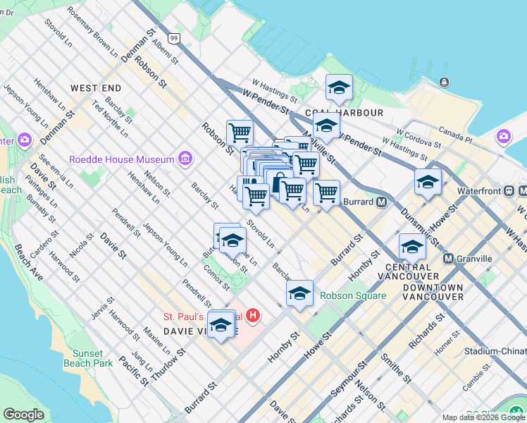 map of restaurants, bars, coffee shops, grocery stores, and more near 1175 Haro Street in Vancouver