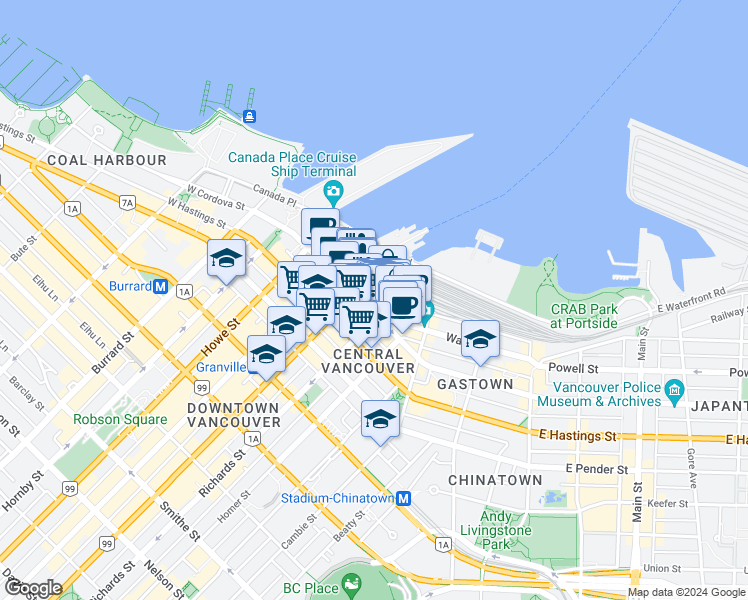 map of restaurants, bars, coffee shops, grocery stores, and more near 555 West Cordova Street in Vancouver