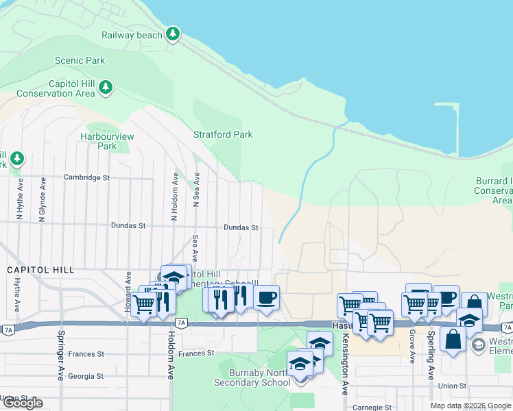 map of restaurants, bars, coffee shops, grocery stores, and more near 75 North Fell Avenue in Burnaby