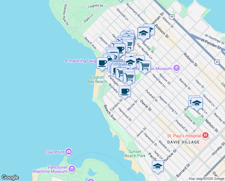 map of restaurants, bars, coffee shops, grocery stores, and more near 1260 Bidwell Street in Vancouver