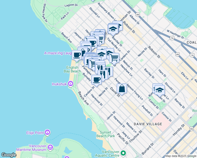 map of restaurants, bars, coffee shops, grocery stores, and more near 1225 Cardero Street in Vancouver