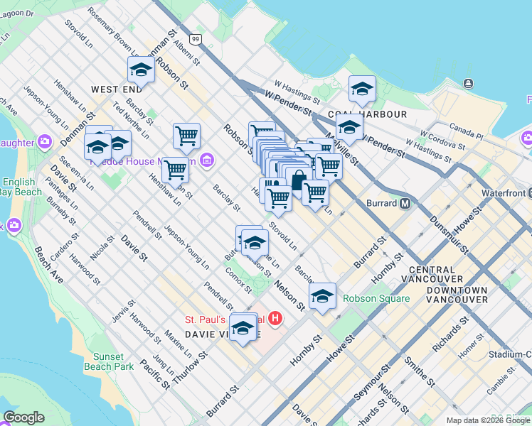 map of restaurants, bars, coffee shops, grocery stores, and more near 1230 Haro Street in Vancouver