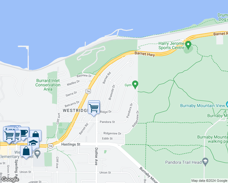 map of restaurants, bars, coffee shops, grocery stores, and more near 7266 Braeside Drive in Burnaby