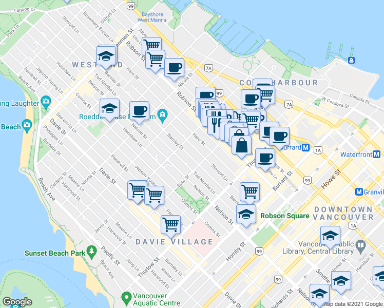 map of restaurants, bars, coffee shops, grocery stores, and more near 1263 Barclay Street in Vancouver