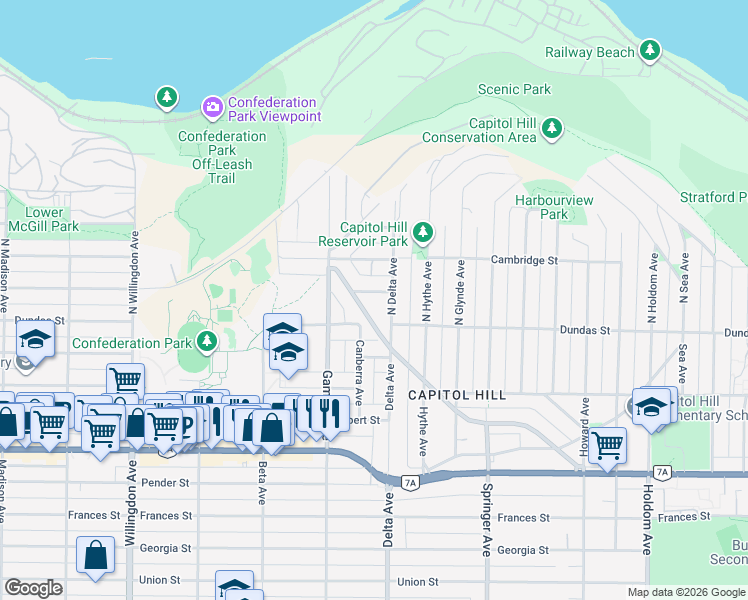 map of restaurants, bars, coffee shops, grocery stores, and more near 4862 Oxford Street in Burnaby