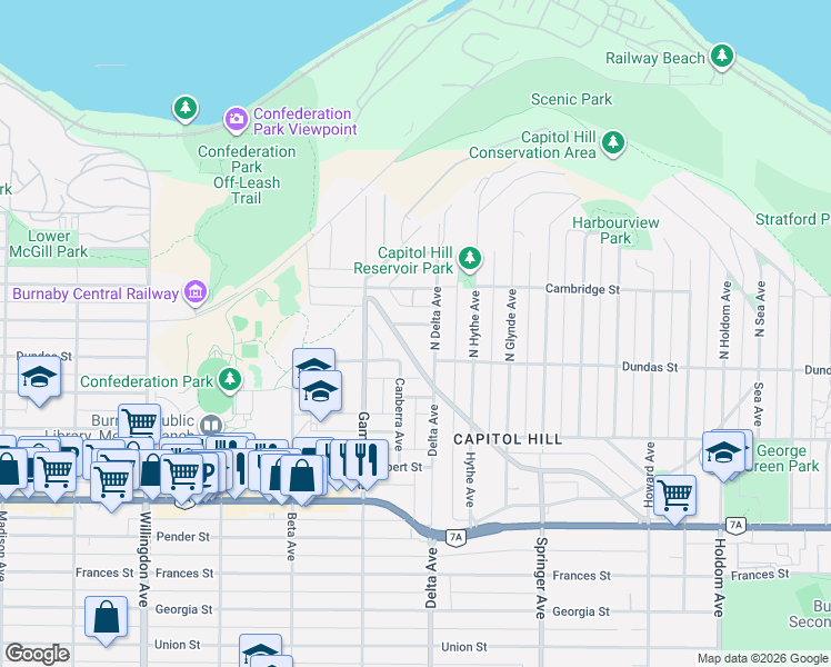 map of restaurants, bars, coffee shops, grocery stores, and more near 4862 Oxford Street in Burnaby