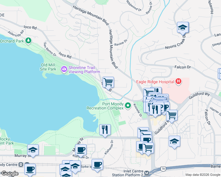 map of restaurants, bars, coffee shops, grocery stores, and more near 359 Ioco Road in Port Moody