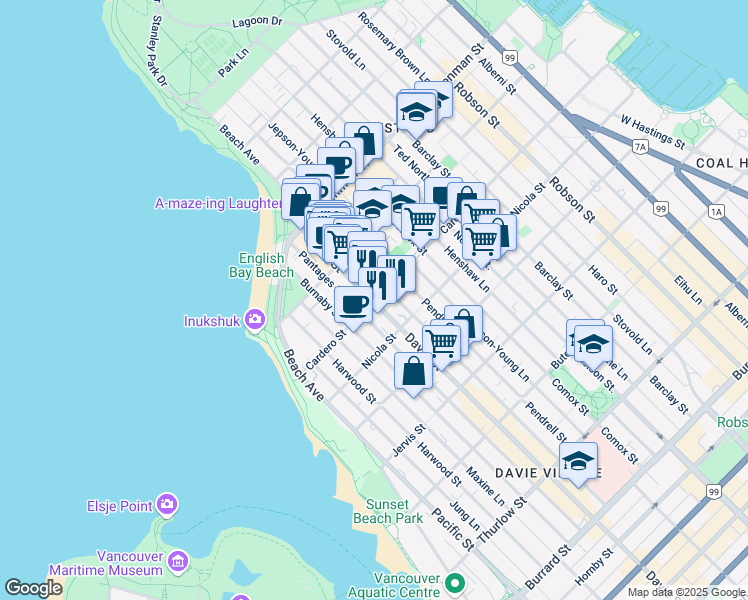 map of restaurants, bars, coffee shops, grocery stores, and more near 1603 Davie Street in Vancouver