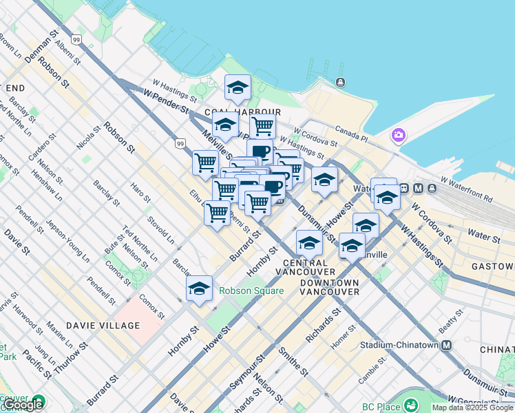 map of restaurants, bars, coffee shops, grocery stores, and more near 1053 West Georgia Street in Vancouver