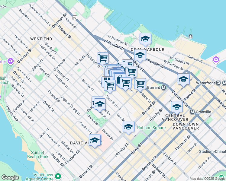 map of restaurants, bars, coffee shops, grocery stores, and more near 1175 Haro Street in Vancouver